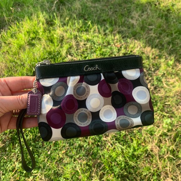 Coach Signature Madison Multicolored Satin with Black Leather Trim Wristlet. - Picture 1 of 11